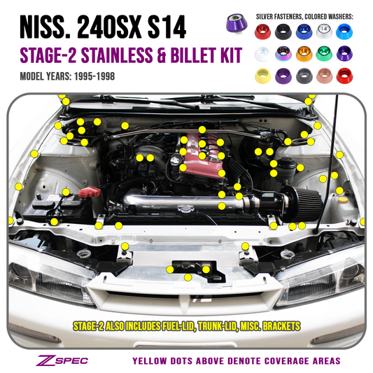 ZSPEC "Stage 2" Dress Up Bolts® Fastener Kit for '95-98 Nissan 240SX S14, Stainless & Billet