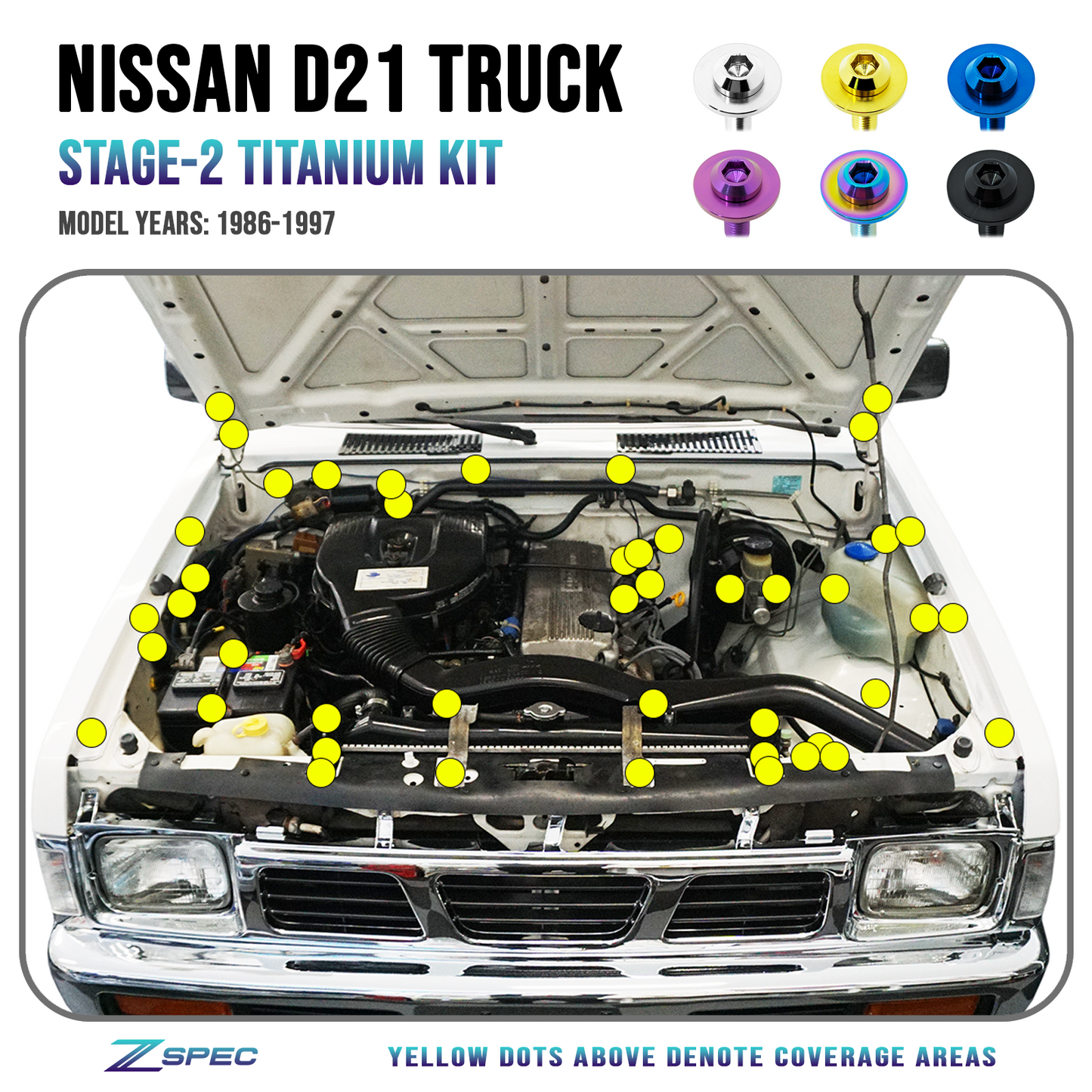 ZSPEC "Stage 2" Engine Bay Fastener Kit for Nissan Hardbody D21 Pickup Truck, Titanium