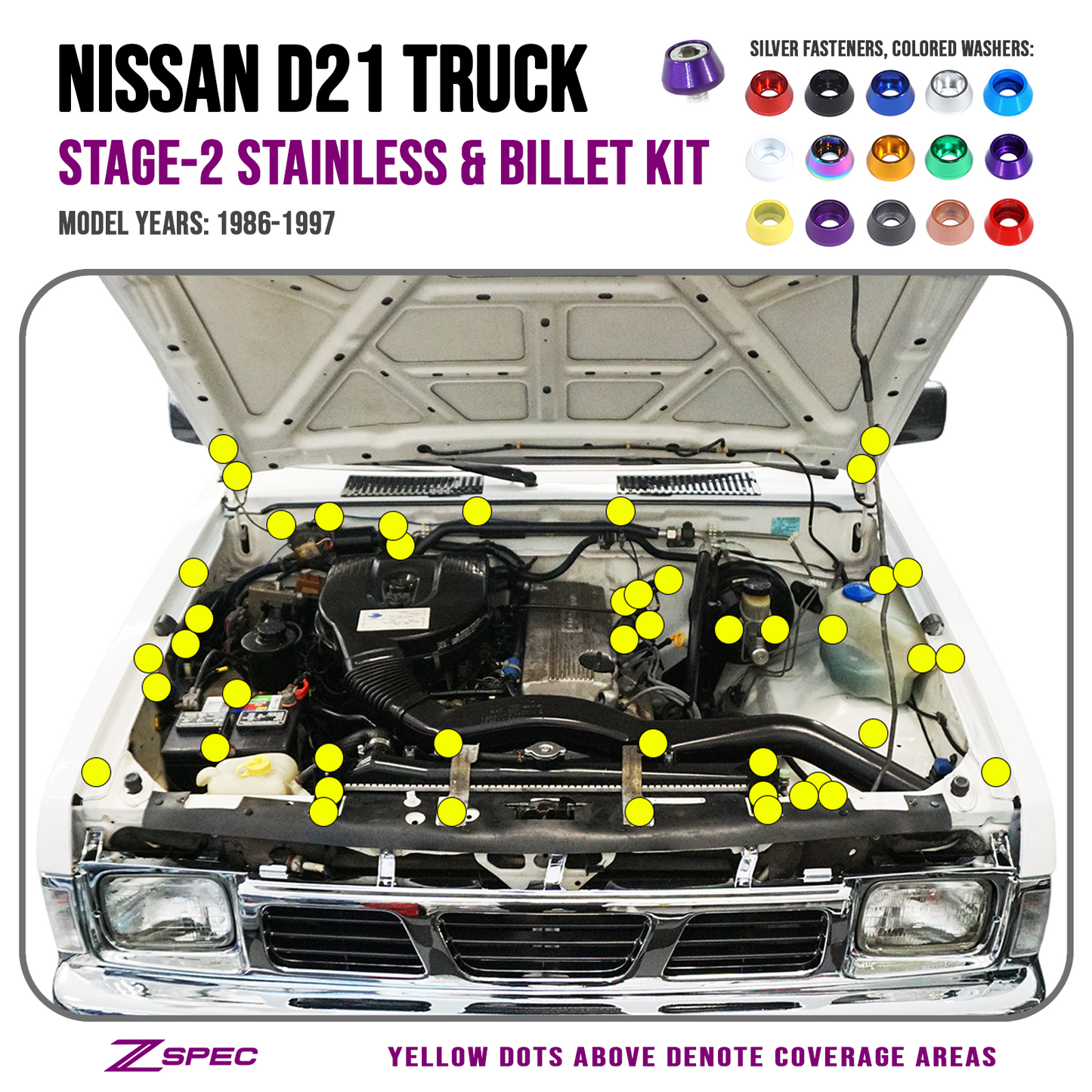 ZSPEC "Stage 2" Engine Bay Fastener Kit for Nissan Hardbody D21 Pickup Truck, Stainless & Billet