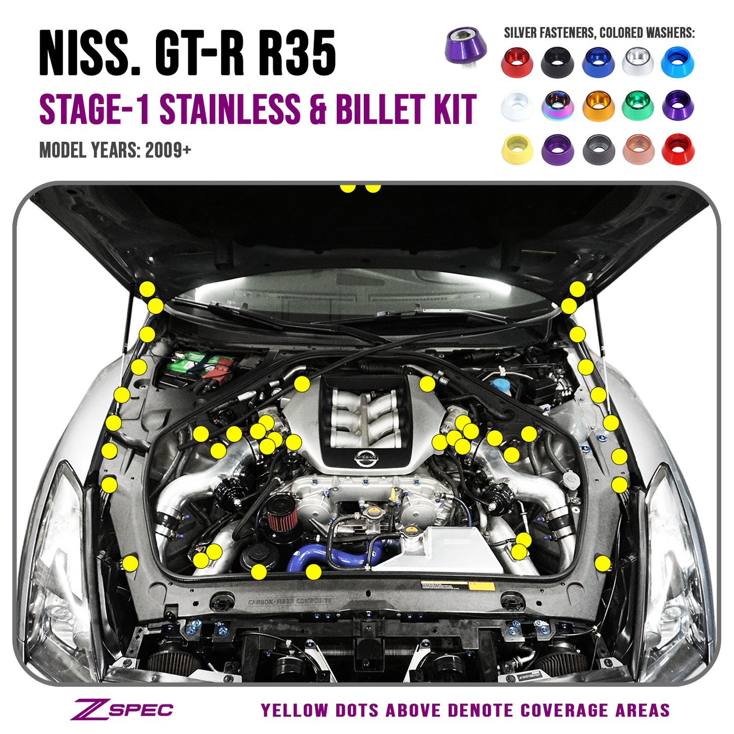 ZSPEC "Stage 1" Dress Up Bolts® Fastener Kit for '09-23 Nissan GTR (R35), Stainless & Billet