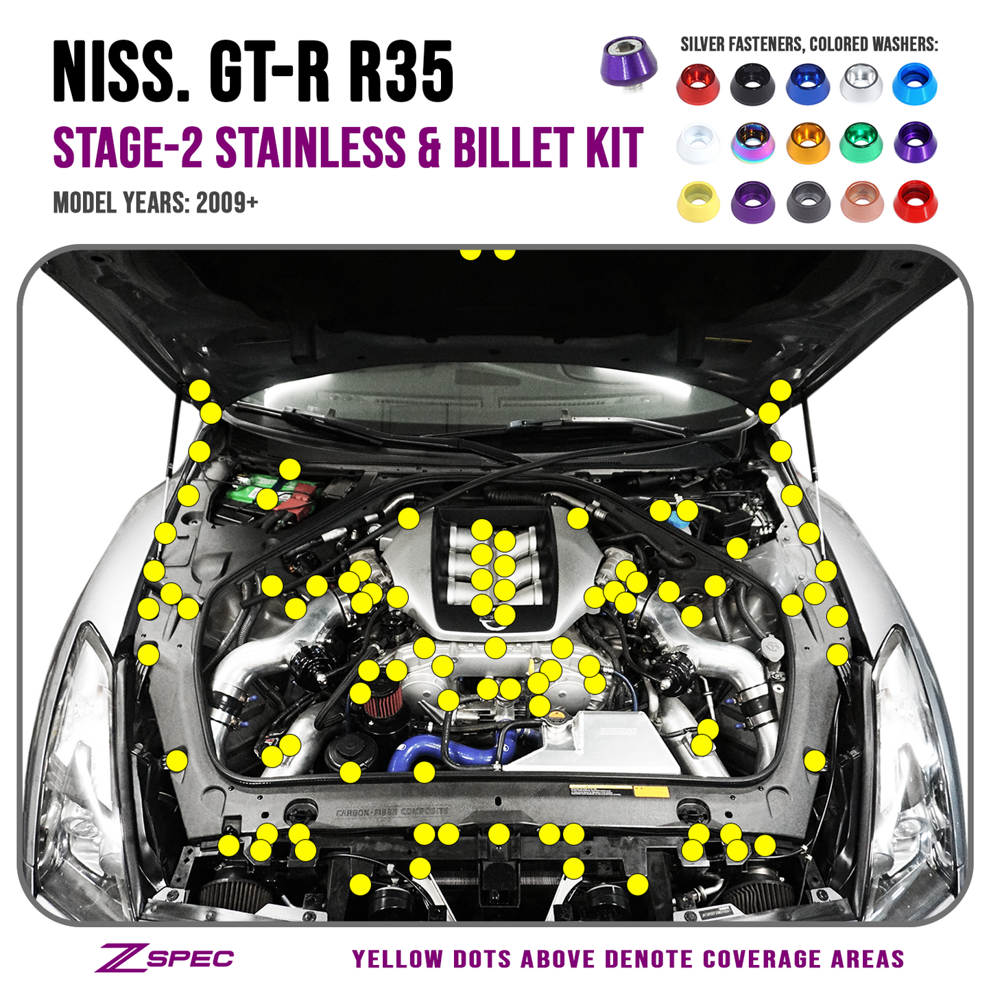 ZSPEC "Stage 2" Dress Up Bolts® Fastener Kit for '09-23 Nissan GTR (R35), Stainless & Billet