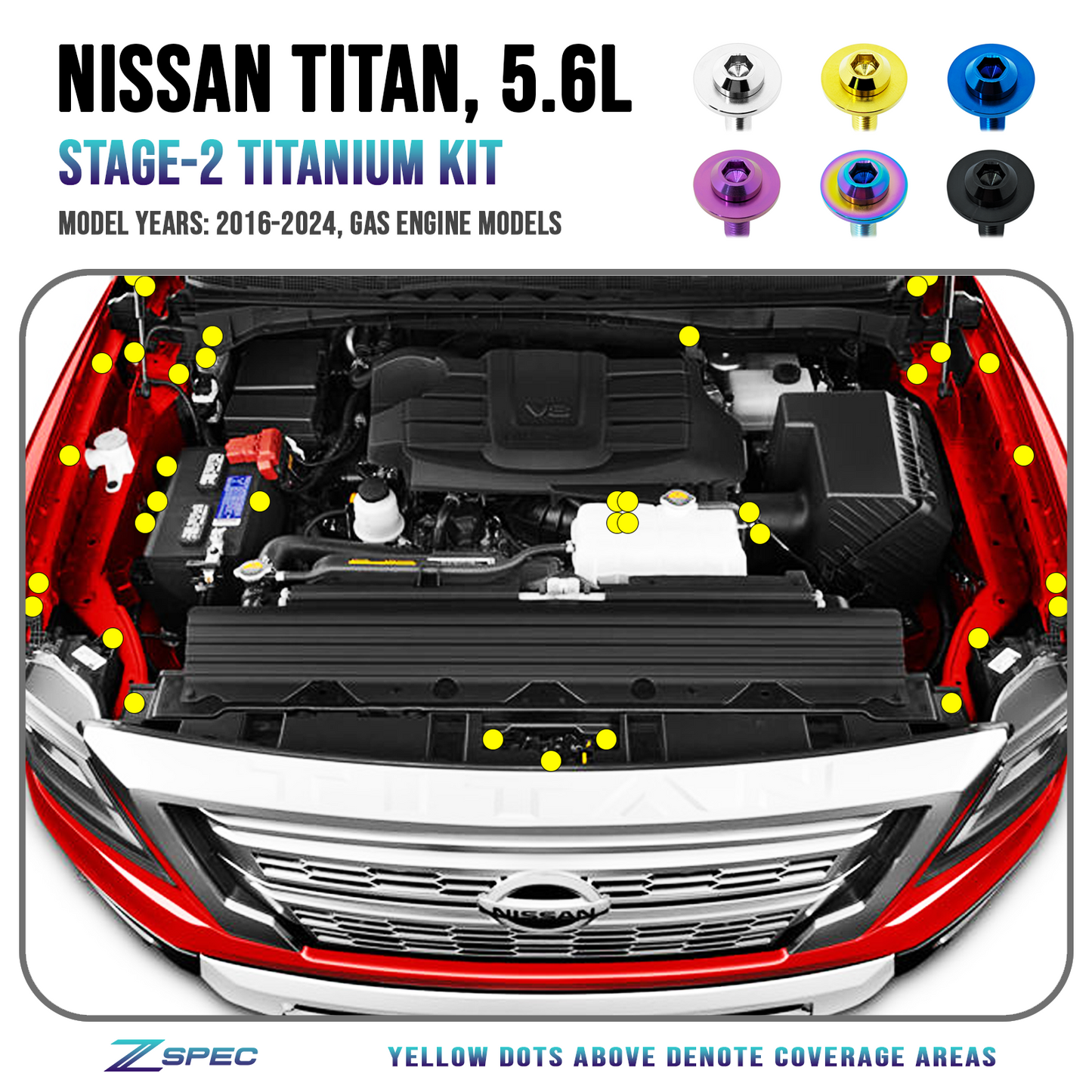 ZSPEC "Stage 2" Engine Bay Fastener Kit for '16-24 Nissan Titan 5.6L, Titanium