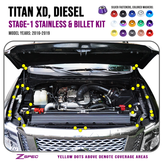 ZSPEC "Stage 1" Dress Up Bolts® Fastener Kit for 16-19 Nissan Titan XD, Stainless & Billet