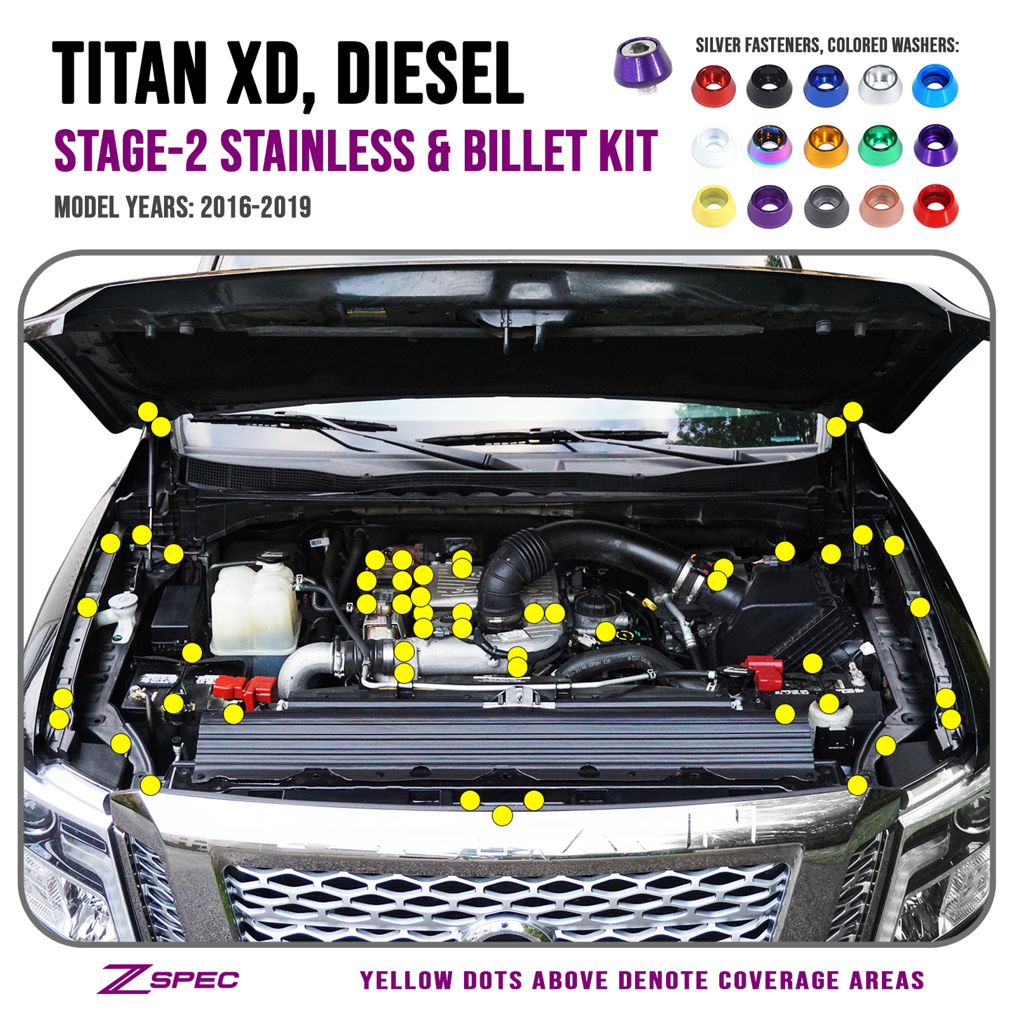 ZSPEC "Stage 2" Dress Up Bolts® Fastener Kit for 16-19 Nissan Titan XD Diesel A61 Cummins, Stainless & Billet