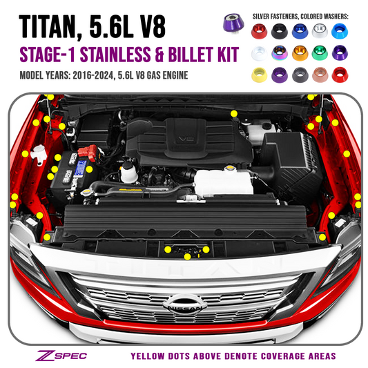 ZSPEC "Stage 1" Dress Up Bolts® Fastener Kit for 16+ Nissan Titan 5.6L, Stainless & Billet