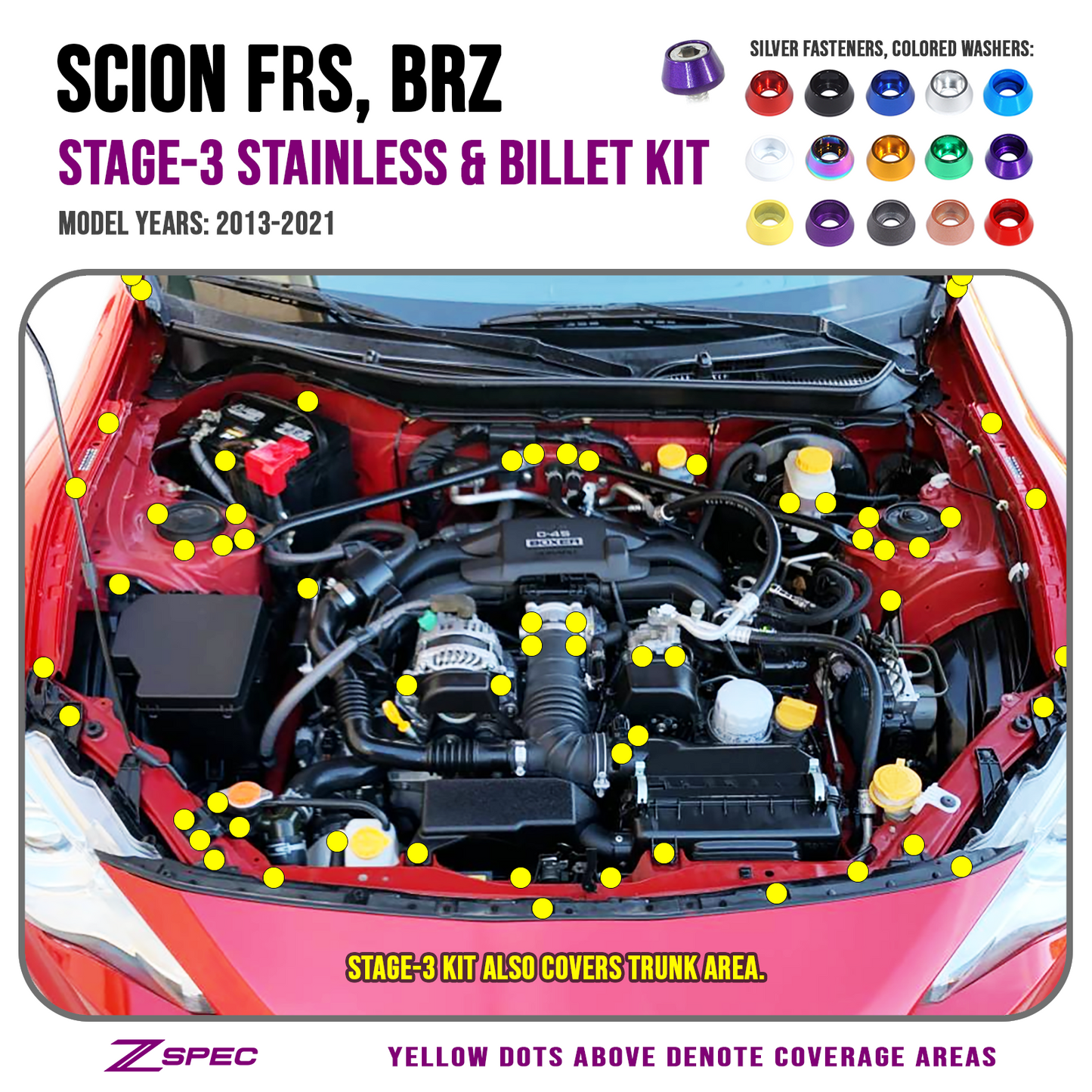 ZSPEC "Stage 3" Dress Up Bolts® Fastener Kit for Scion FRS, Subaru BRZ, Toyota 86 '13-21, Stainless & Billet