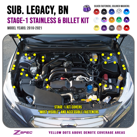 ZSPEC "Stage 1" Dress Up Bolts® Fastener Kit for '16-21 Subaru Legacy 3.6L, Stainless & Billet