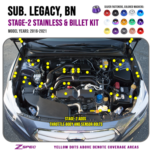 ZSPEC "Stage 2" Dress Up Bolts® Fastener Kit for '16-21 Subaru Legacy 3.6L, Stainless & Billet