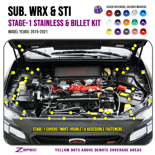ZSPEC "Stage 1" Dress Up Bolts® Fastener Kit for '15-21 Subaru WRX & STI, Stainless & Billet