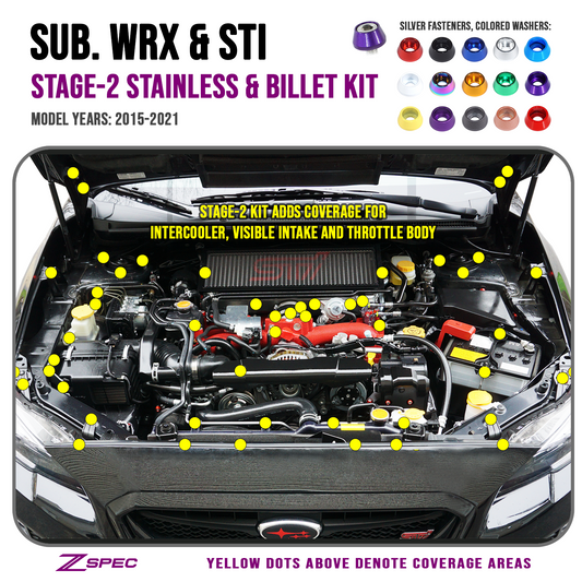 ZSPEC "Stage 2" Dress Up Bolts® Fastener Kit for '15-21 Subaru WRX & STI, Stainless & Billet