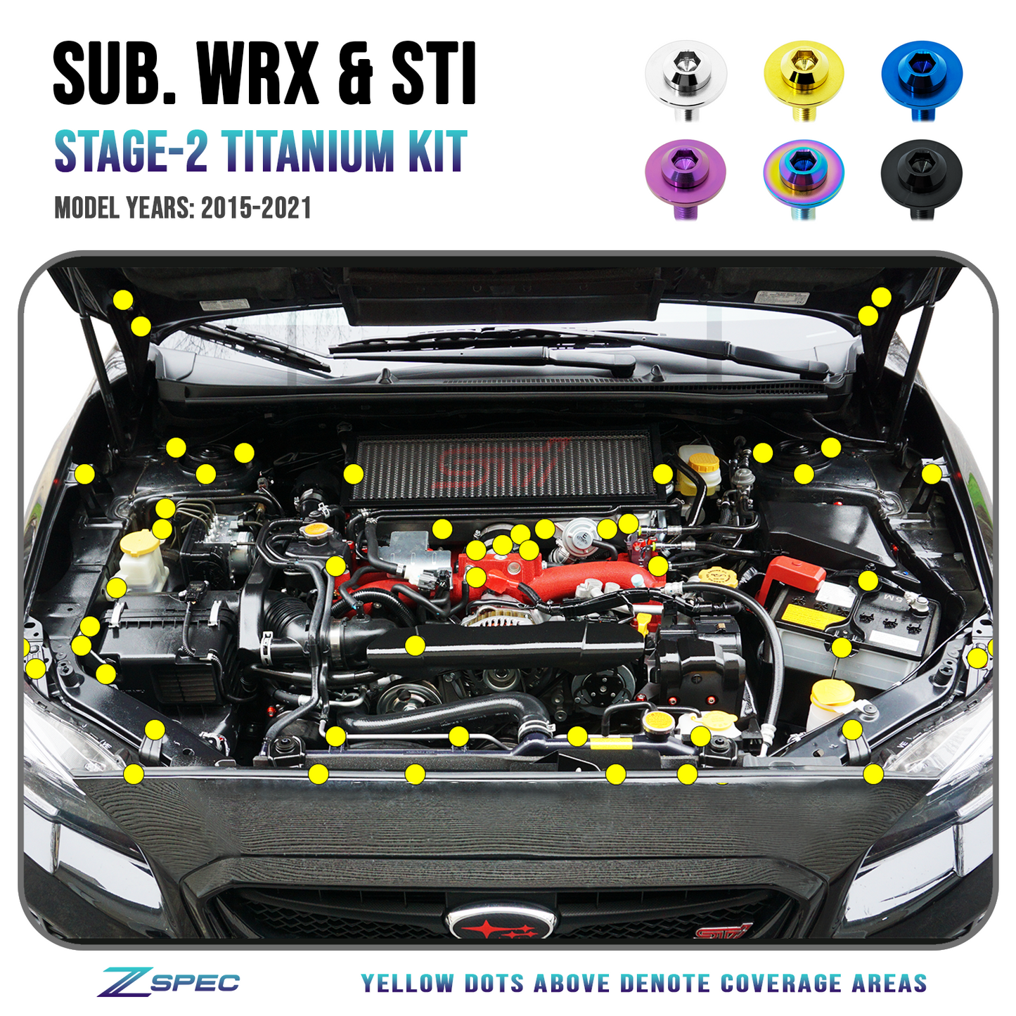 ZSPEC "Stage 2" Dress Up Bolts® Fastener Kit for '15-21 Subaru WRX & STI, Grade-5 Titanium