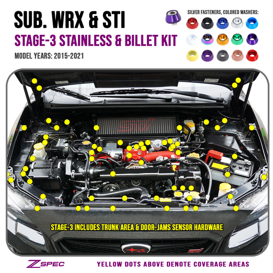 ZSPEC Stage-3 Dress Up Bolts® Fastener Kit for '15-21 Subaru WRX & STI, Stainless & Billet