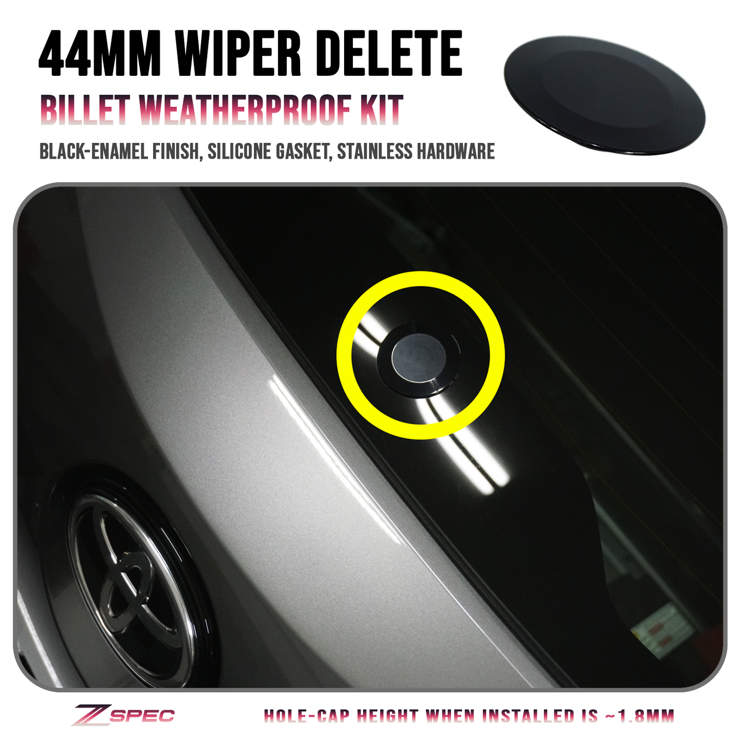 ZSPEC 44mm Rear Wiper Hole-Cover/Cap/Plug, Weatherproof, fits holes 16mm-30mm, Black
