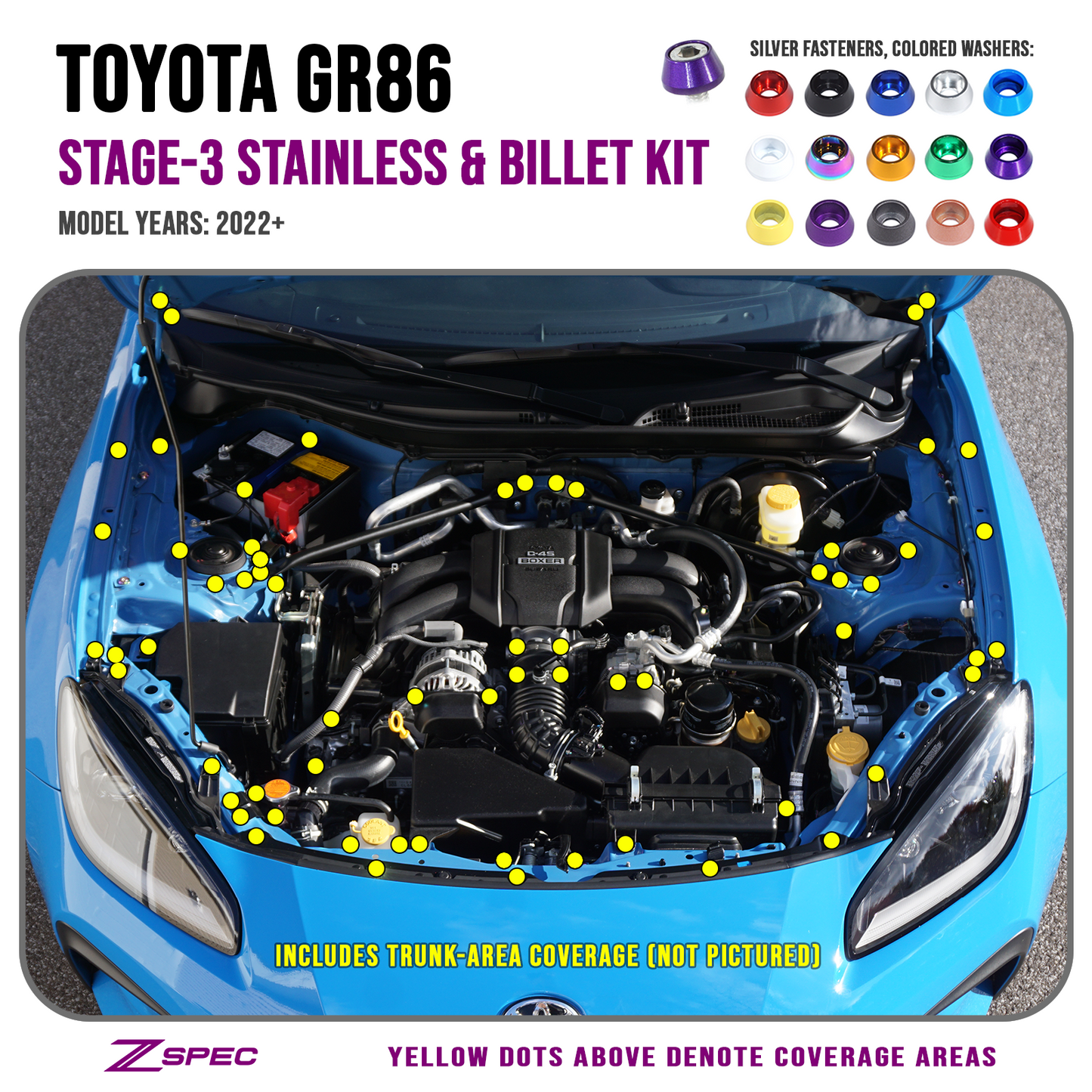 ZSPEC "Stage 3" Dress Up Bolts® Fastener Kit for '22+ Toyota GR86 & Subaru BRZ, Stainless & Billet