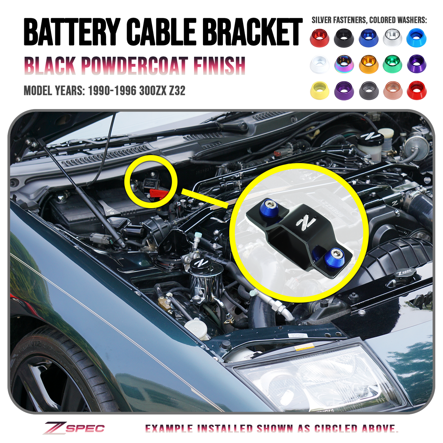 ZSPEC Battery Cable Bracket for '90-99 Nissan 300zx Z32, Black Powdercoat