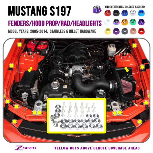 ZSPEC Fenders-Rad-Brackets-Hood-Prop-Headlights Fasteners for '05-14 S197 Ford Mustang, Stainless & Billet
