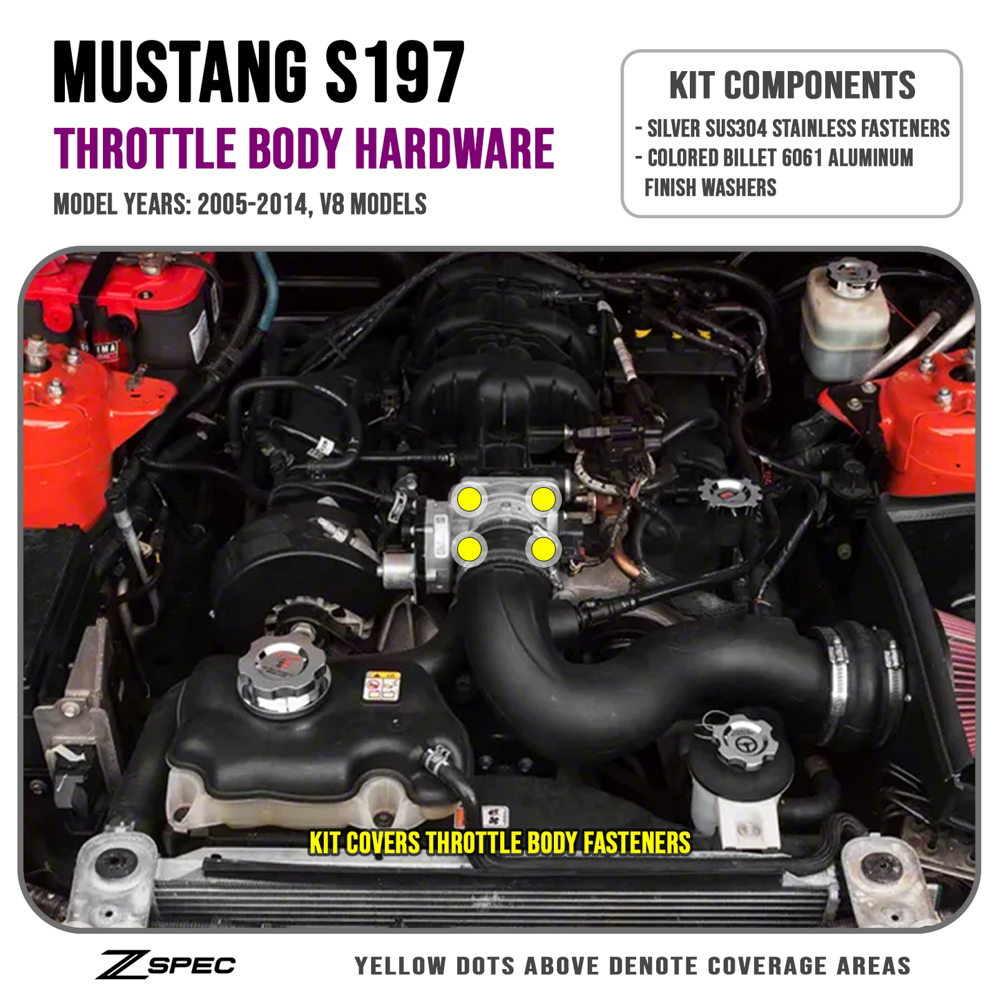 ZSPEC Throttle Body Fastener Kit for '05-14 Mustang S197 & '15-21 S550 V8 Models, Stainless & Billet