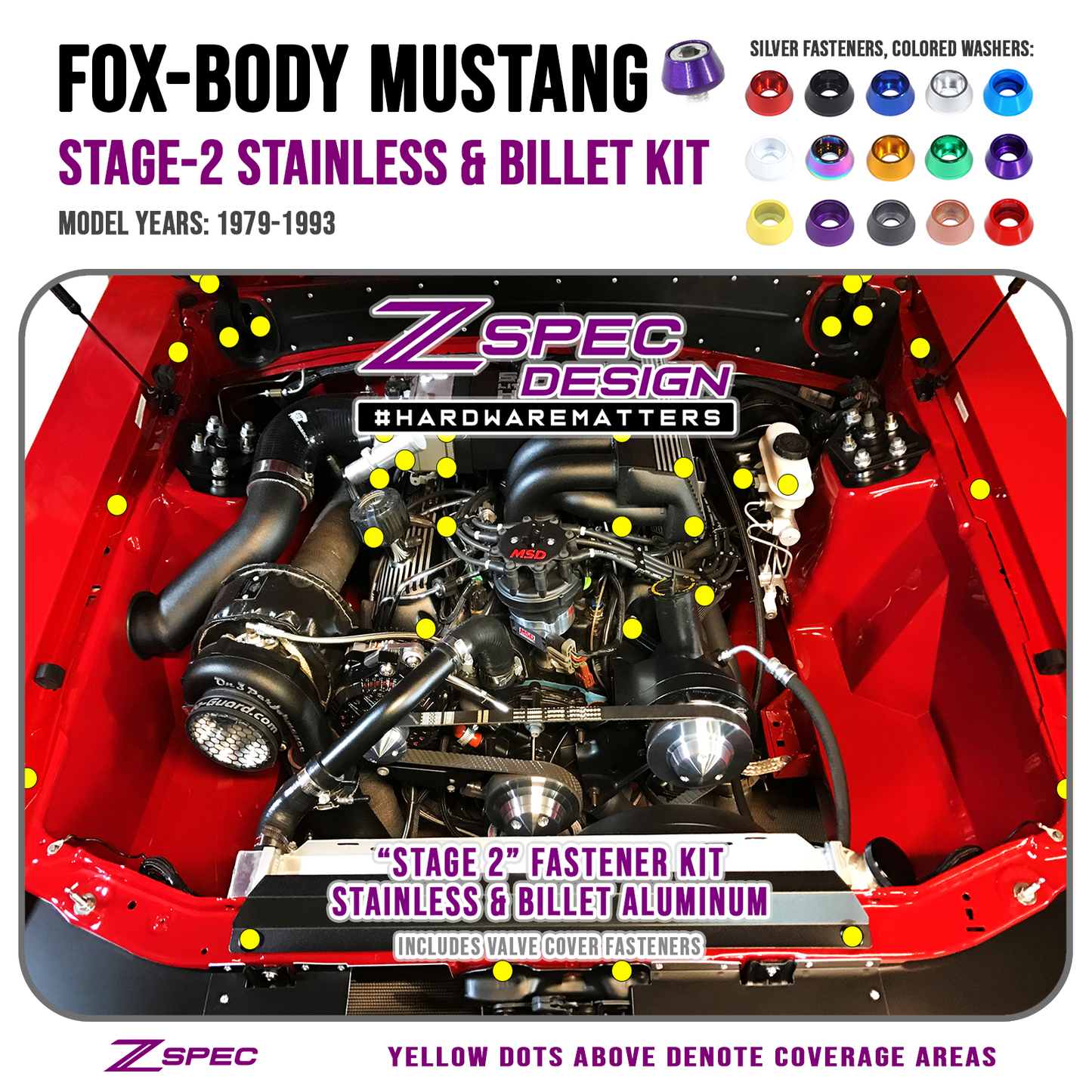 ZSPEC "Stage 2" Dress Up Bolts® Fastener Kit for '87-93 Ford Mustang V8 Fox-Body, Stainless & Billet