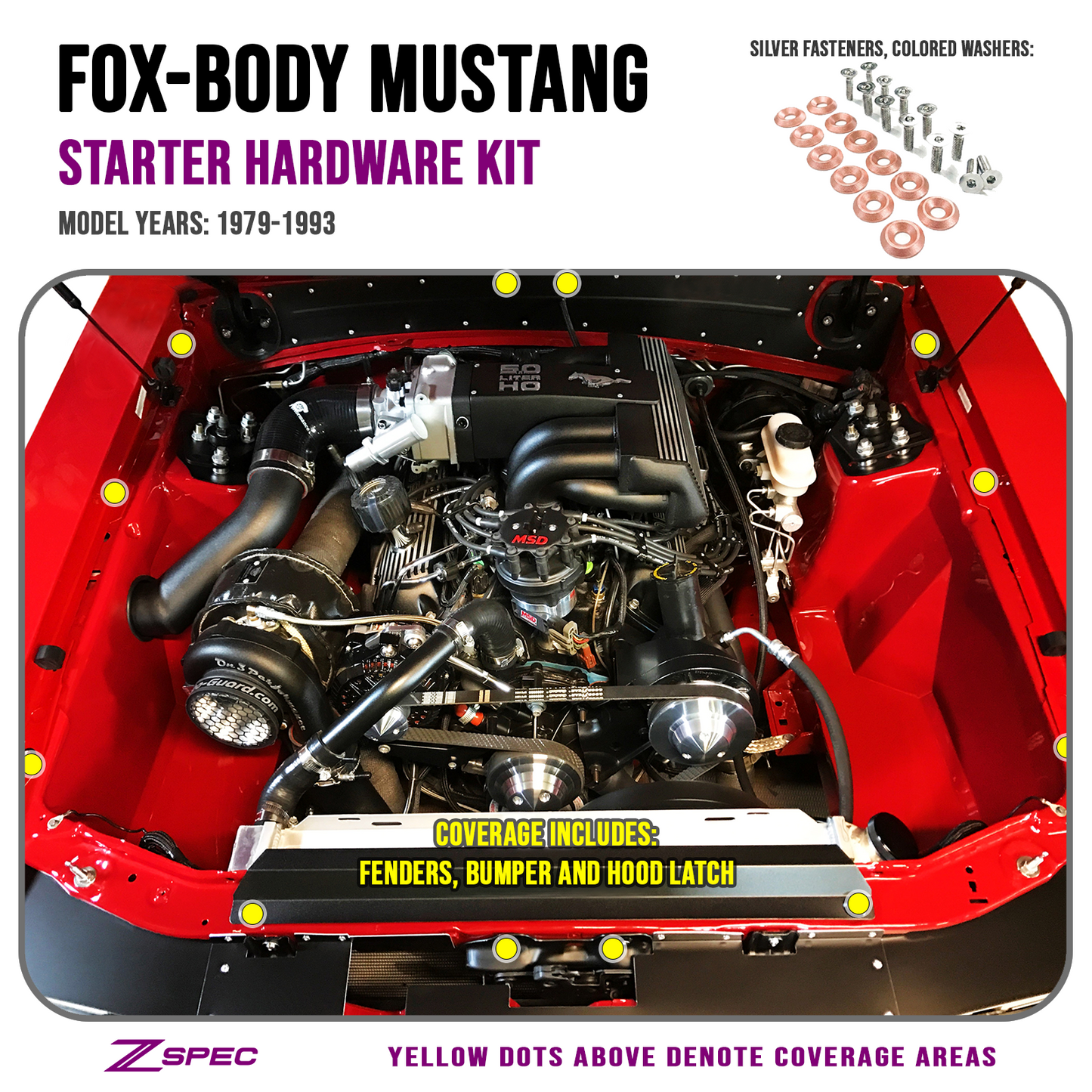 ZSPEC Fenders/Bumper/Hood Latch Kit, Mustang Fox-Body, Stainless & Billet