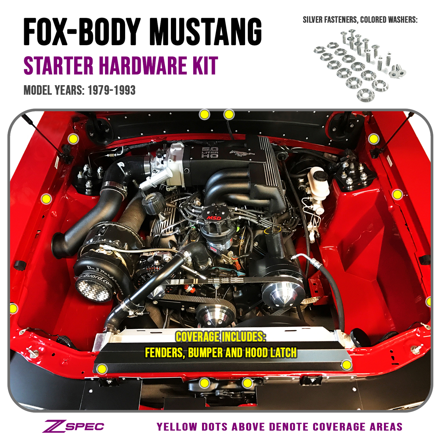 ZSPEC Fenders/Bumper/Hood Latch Kit, Mustang Fox-Body, Stainless & Billet
