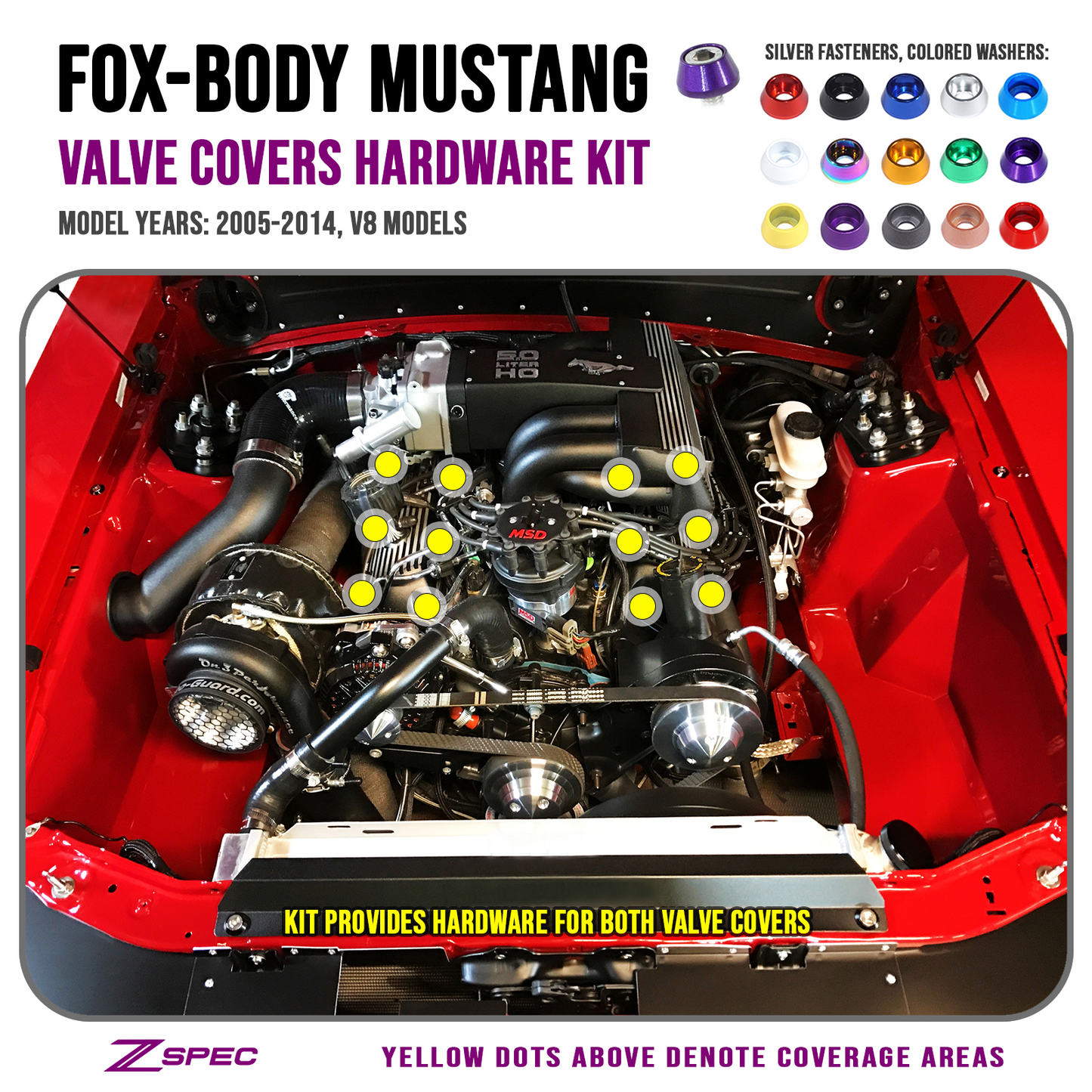 ZSPEC Valve Covers Fastener Kit for '87-93 Ford Mustang V8 Fox-Body, Stainless & Billet