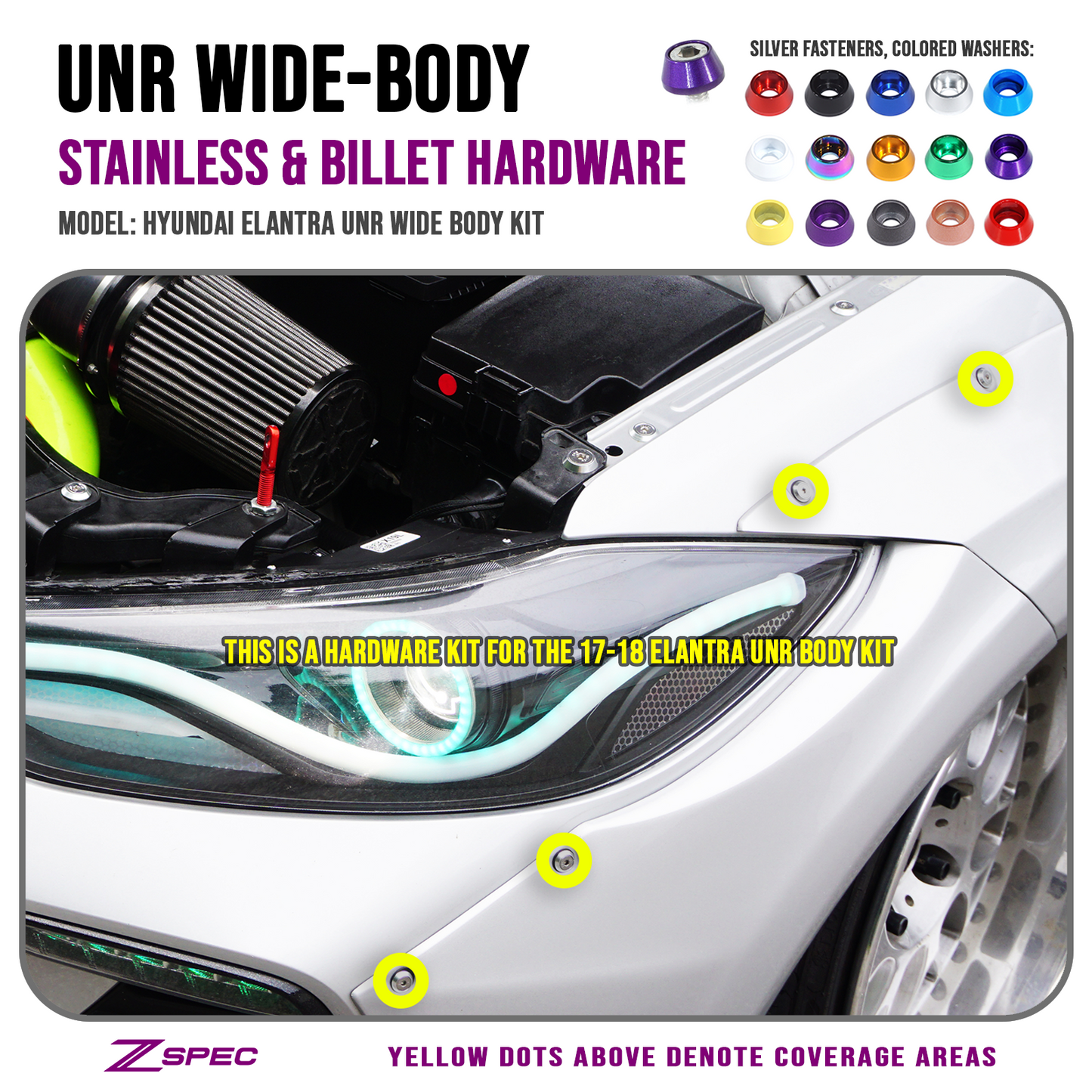 ZSPEC Body Kit Fastener Kit for the Hyundai Elantra UNR "Bolt-On" Body Kit, Stainless & Billet