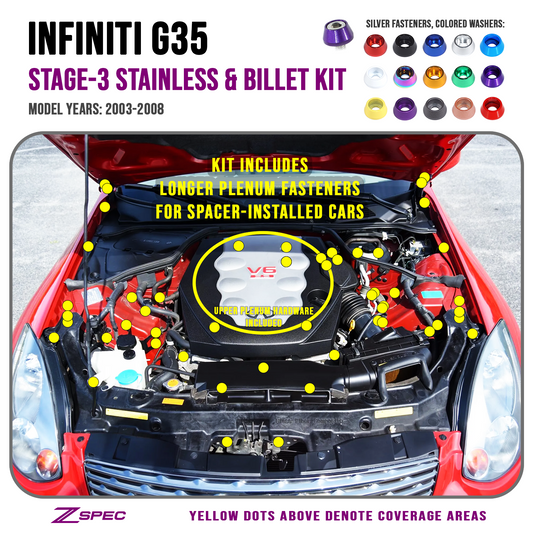 ZSPEC "Stage 3" Dress Up Bolts® Fastener Kit for '03-08 Infiniti G35 w/ Plenum Spacer, Stainless & Billet