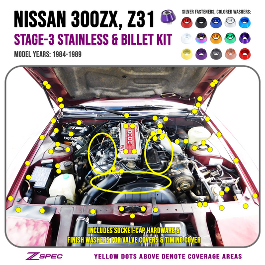 ZSPEC "Stage 3" Dress Up Bolts® Fastener Kit for '84-89 Nissan 300zx Z31, SHSC Hardware, Stainless & Billet