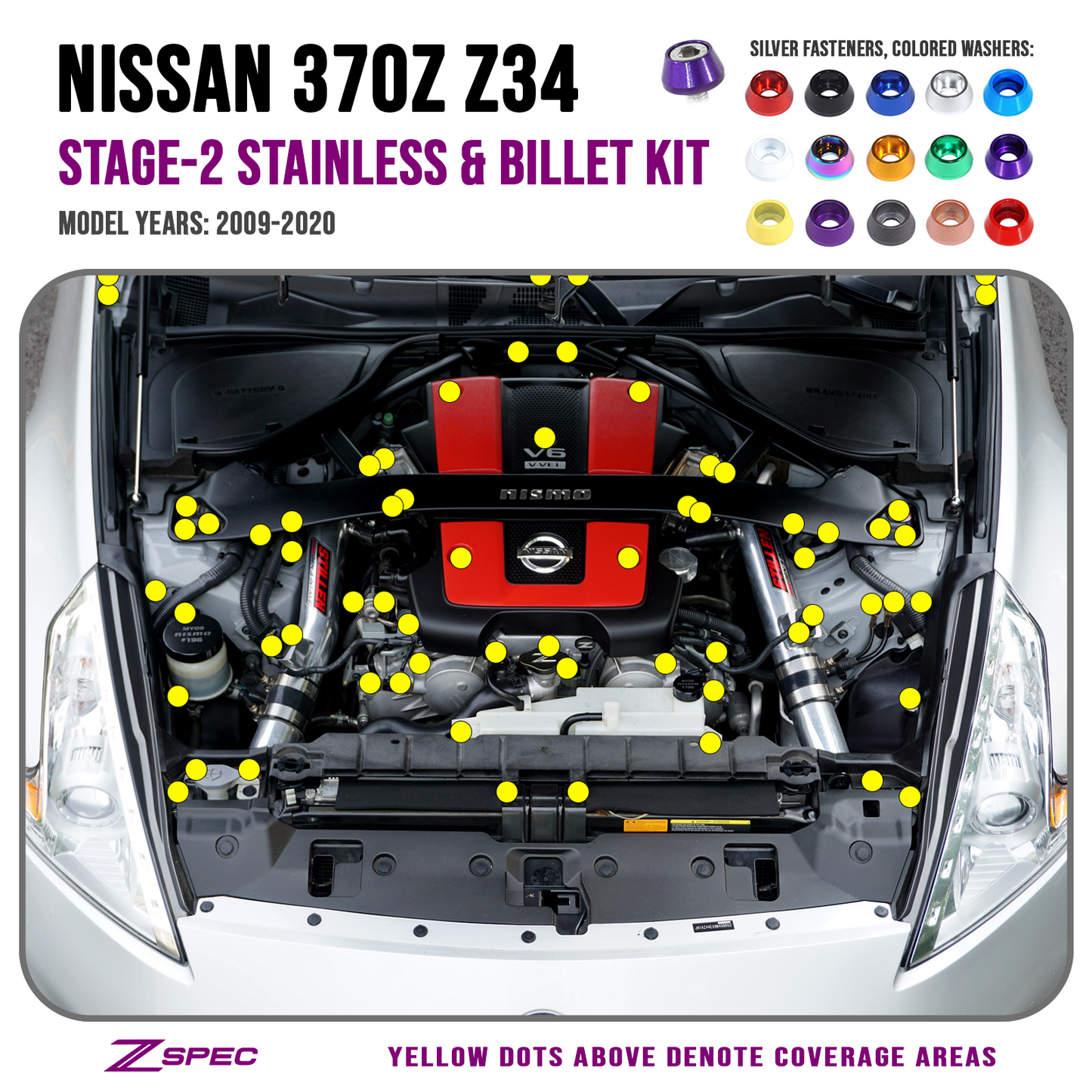 ZSPEC "Stage 2" Dress Up Bolts® Fastener Kit for '09-20 Nissan 370z Z34, Stainless & Billet