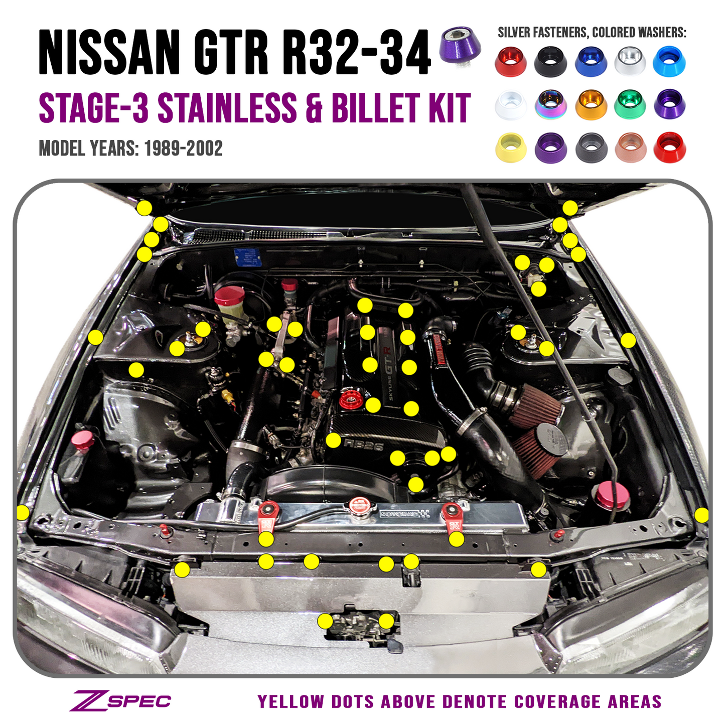 ZSPEC "Stage 3" Dress Up Bolts® Kit for Nissan Skyline GT-R/GTR R32/R33/R34, Stainless & Billet