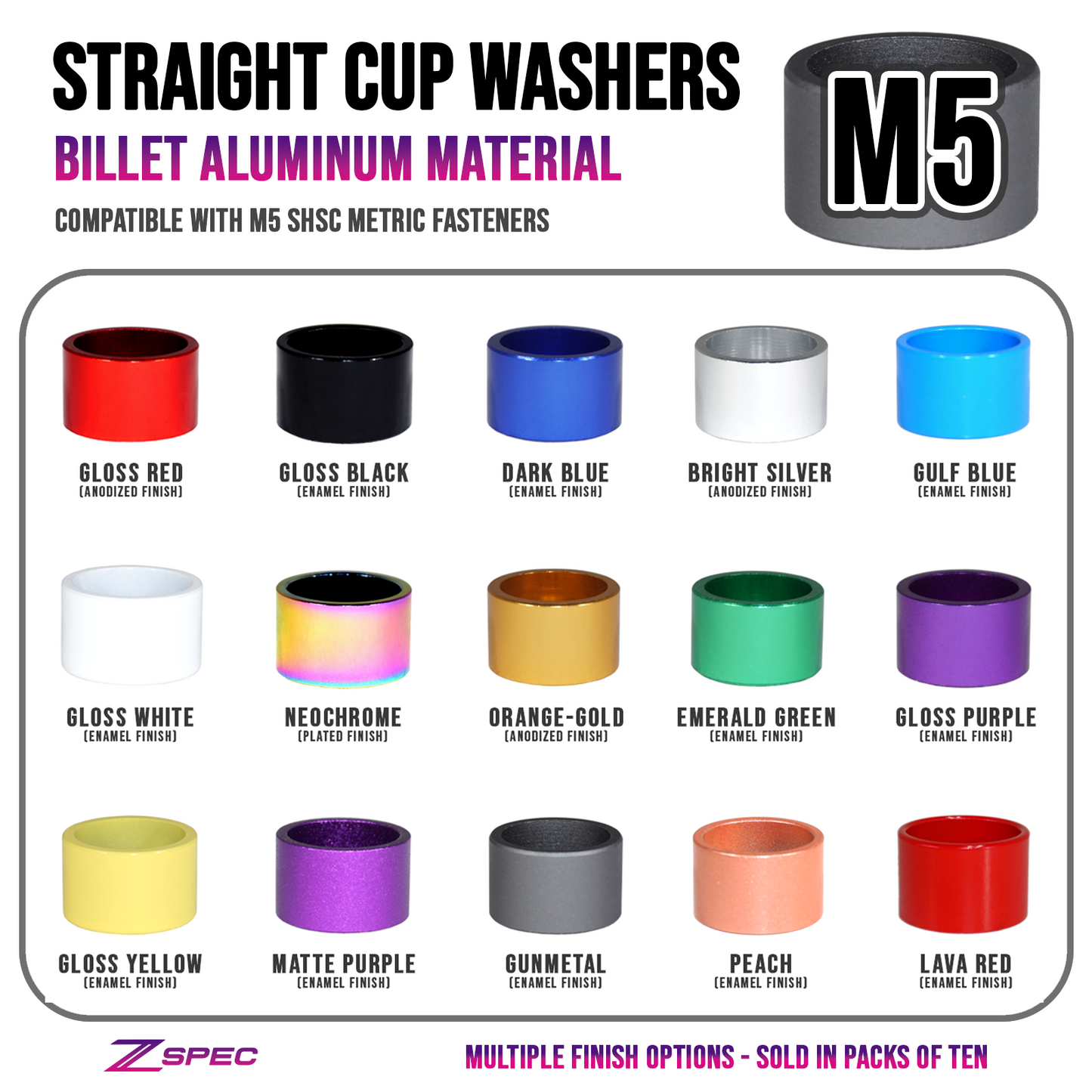 ZSPEC M5 Straight Cup Dress Up/Finish Washers for M5 SHSC Fasteners, Billet, 10-Pack