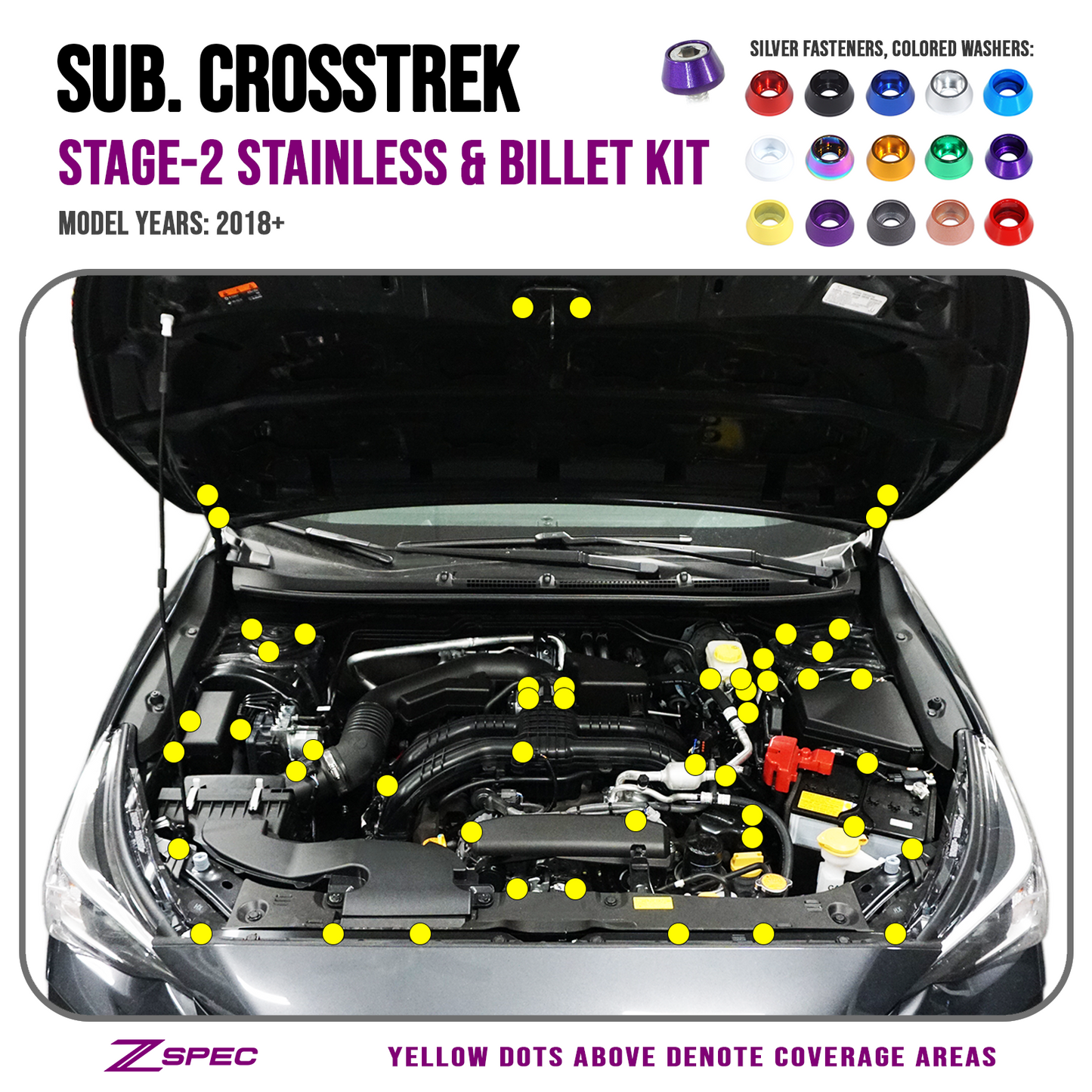 ZSPEC "Stage 2" Dress Up Bolts® Fastener Kit for '18-24 Subaru CrossTrek, Stainless & Billet Hardware