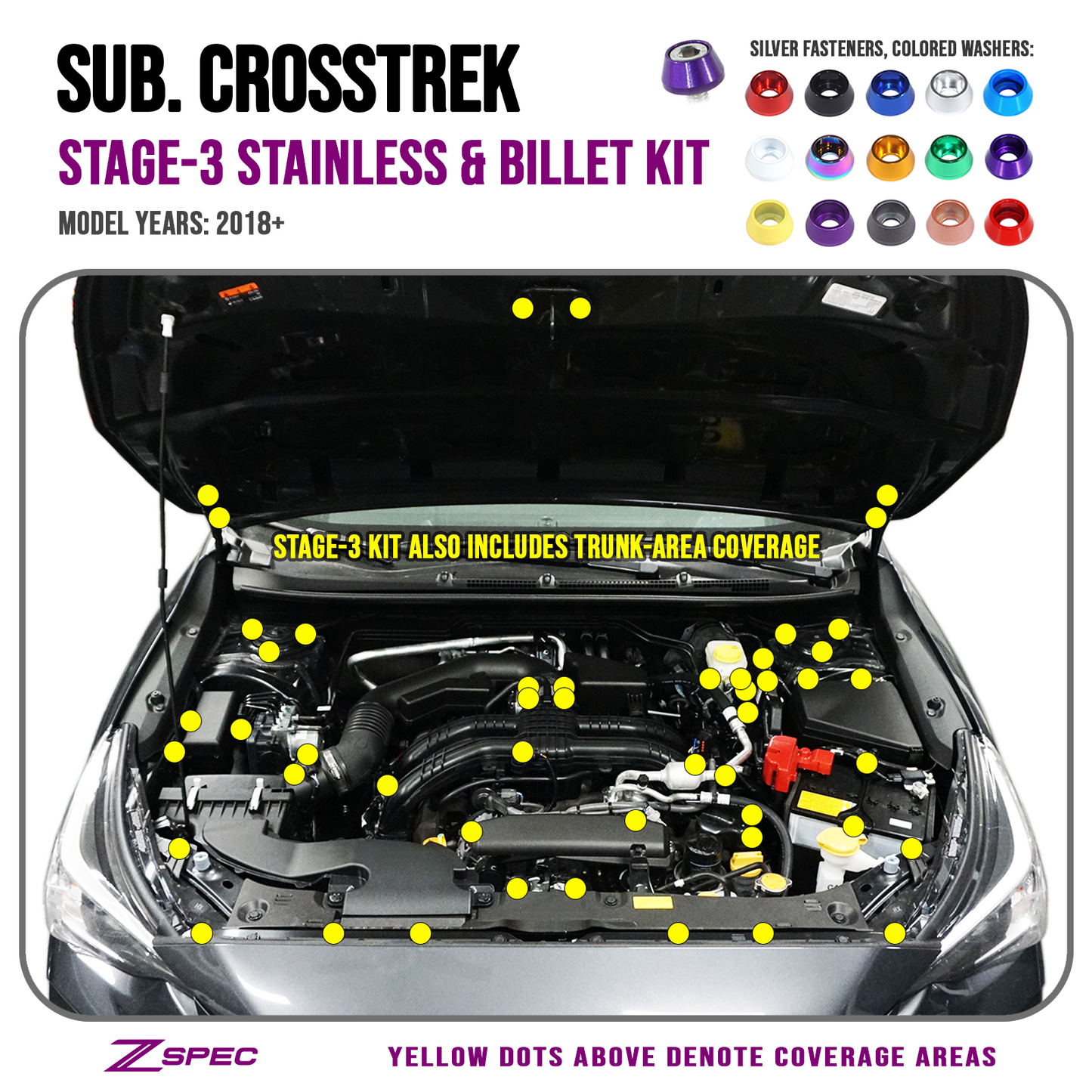 ZSPEC "Stage 3" Dress Up Bolts® Fastener Kit for '18-24 Subaru CrossTrek, Stainless & Billet Hardware