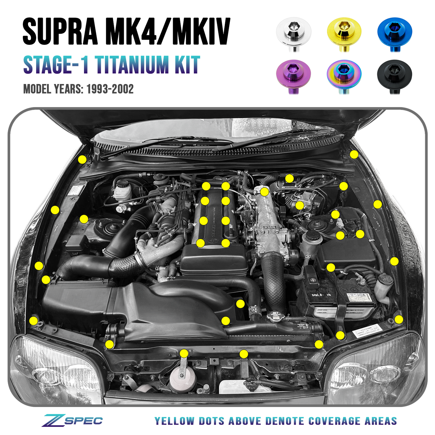 ZSPEC "Stage 1" Dress Up Bolts® Fastener Kit for '93-02 Toyota Supra MKIV, Titanium