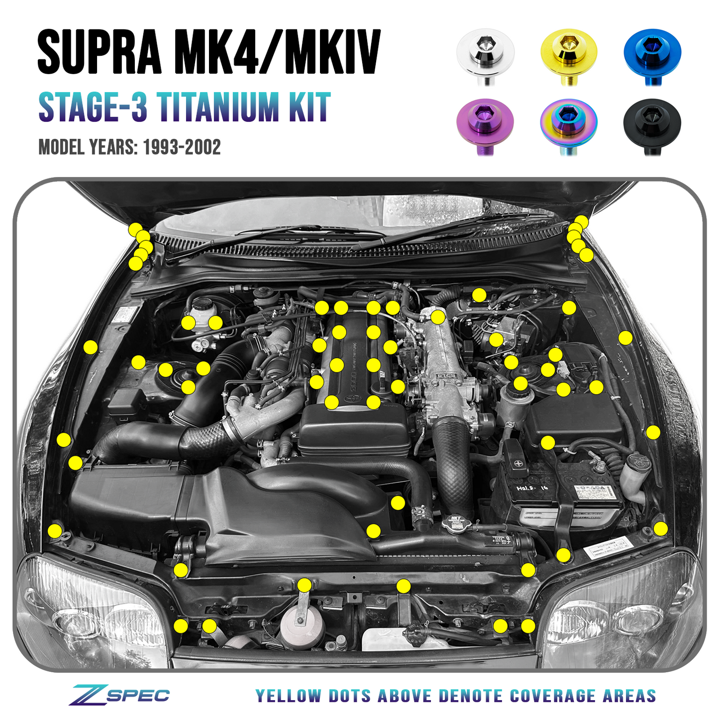 ZSPEC "Stage 3" Dress Up Bolts® Fastener Kit for '93-02 Toyota Supra MKIV, Titanium