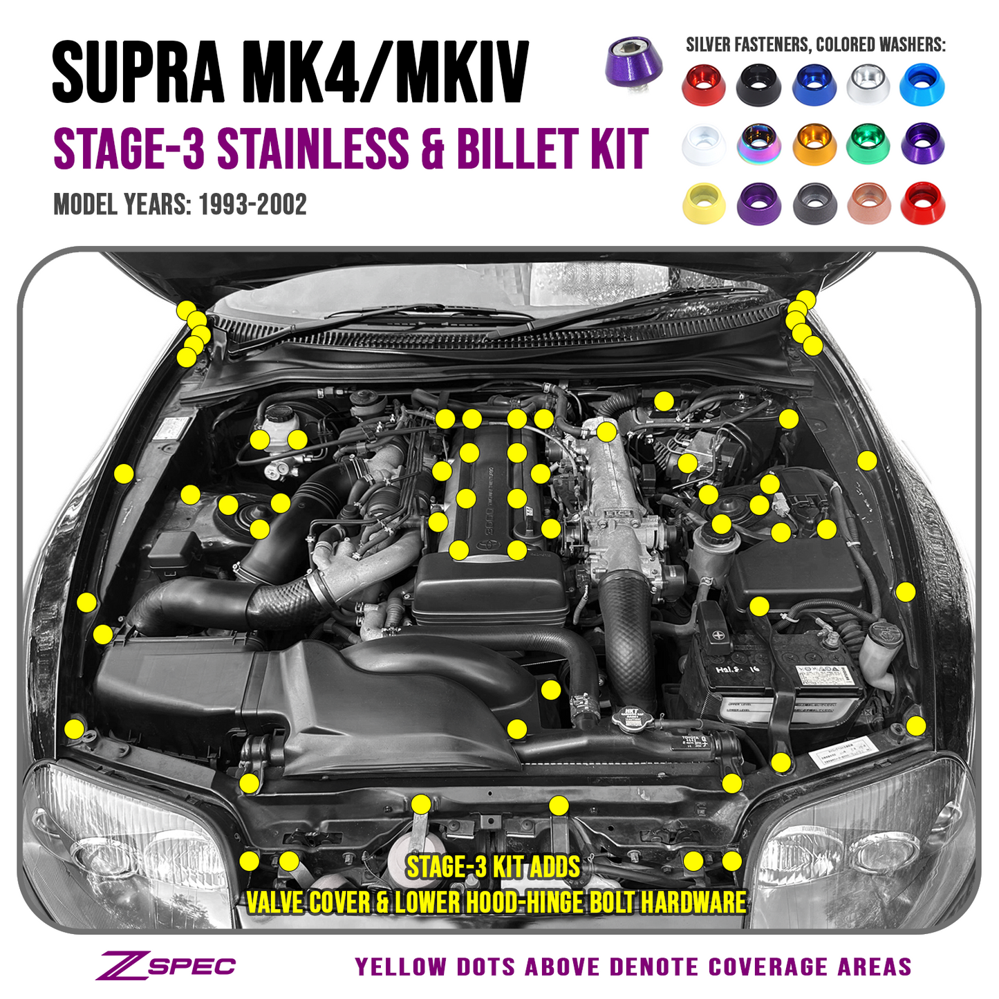 ZSPEC "Stage 3" Dress Up Bolts® Fastener Kit for '93-02 Toyota Supra MKIV, Stainless & Billet
