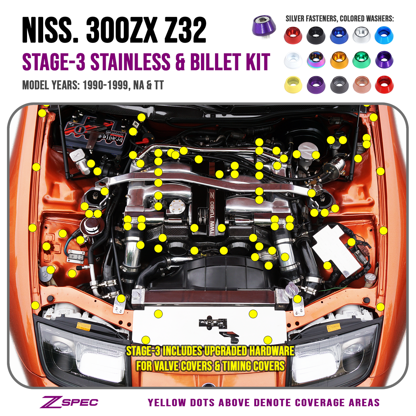 ZSPEC "Stage 3" Dress Up Bolts® Fastener Kit for Nissan 300zx Z32, Upgraded Timing Bolts, Stainless & Billet