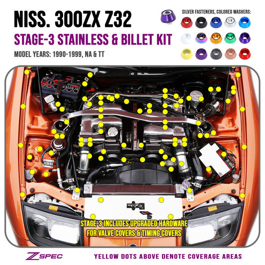 ZSPEC "Stage 3" Dress Up Bolts® Fastener Kit for Nissan 300zx Z32, Upgraded Timing Bolts, Stainless & Billet