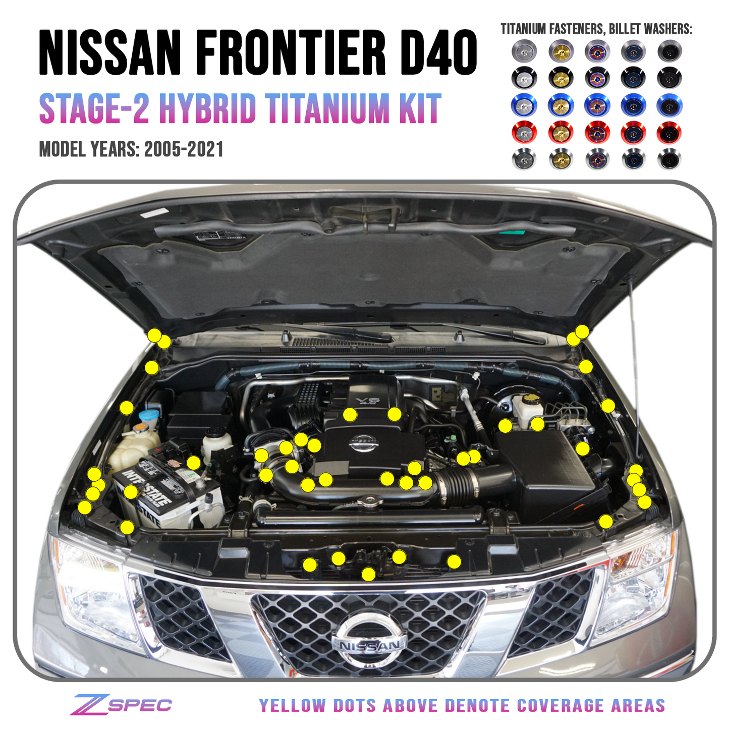 ZSPEC "Stage 2" Dress Up Bolts® Fastener Kit for '05-21 Nissan Frontier D40, Titanium & Billet