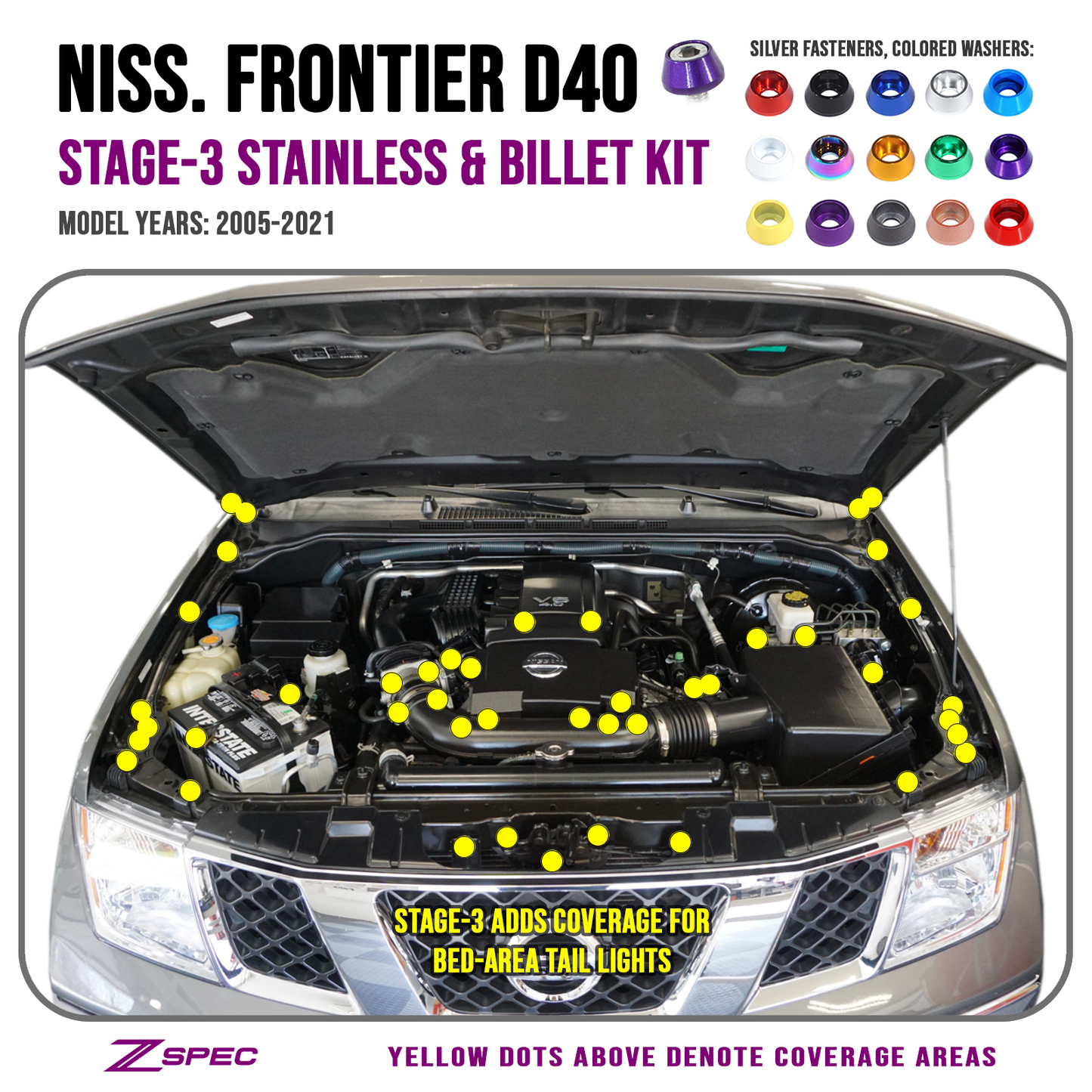 ZSPEC "Stage 3" Dress Up Bolts® Fastener Kit for 05-21 Nissan Frontier D40, Stainless & Billet