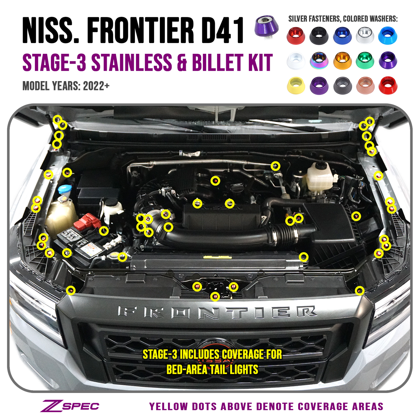 ZSPEC "Stage 3" Dress Up Bolts® Fastener Kit for '22+ Nissan Frontier D41, Stainless & Billet