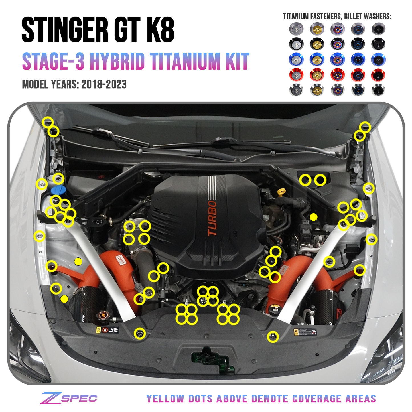 ZSPEC "Stage 3" Dress Up Bolts® Fastener Kit for '18+ Stinger GT, Titanium & Billet