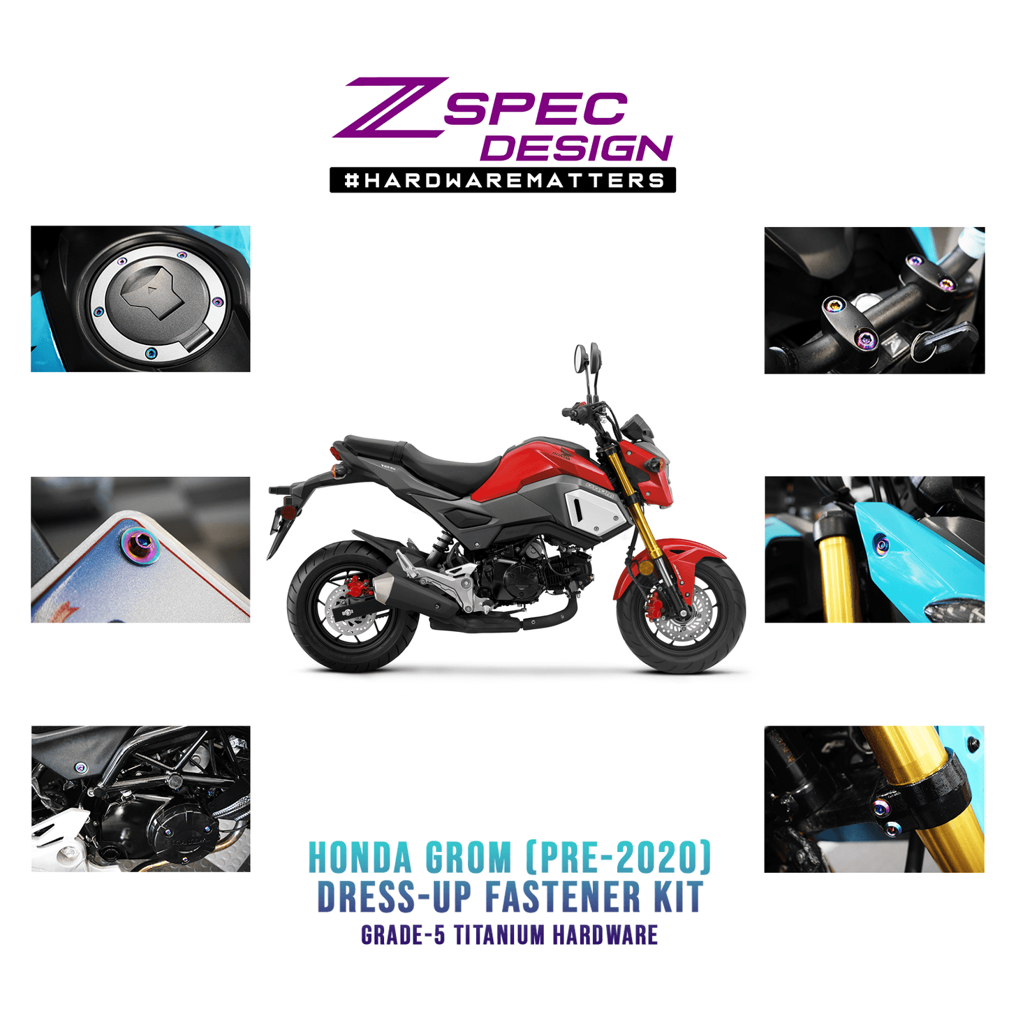 ZSPEC Dress-Up Bolts® Hardware Kit for the pre-2020 Honda Grom Platform, Titanium
