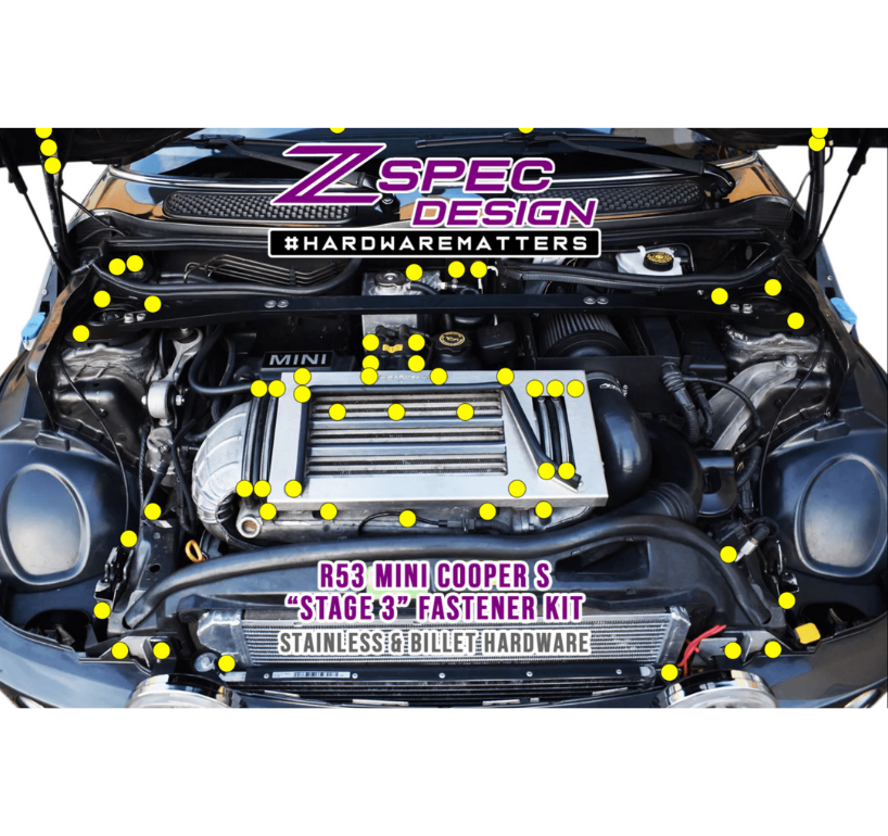 ZSPEC "Stage 3" Dress Up Bolts® Fastener Kit for '01-06 R53 Mini Cooper & S, Stainless & Billet