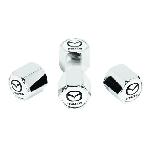 Chrome Valve Stem Tire Caps, Style: MAZDA on White Background